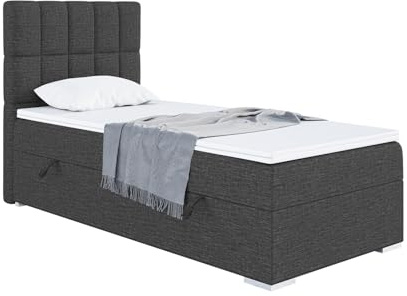 MEBLINI Boxspringbett mit Bettkasten - Gepolstert Einzelbett mit Matratze und Topper - Polsterbett mit Stauraum - Bett mit Kopfteil - Stauraumbett - Lukas - 100x200 Links - H3/Dunkelgrau Webstoff