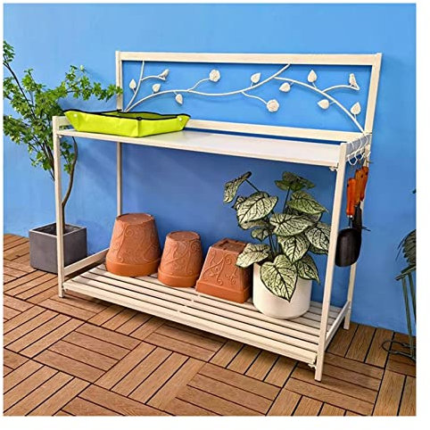 Panca da giardino in metallo con ripiano a 2 ripiani, tavolo da lavoro da giardino per piantare, 126,5 x 45 x 115,5 cm