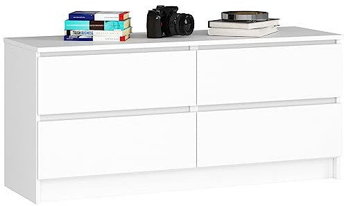 AKORD | Kommode K 120 cm | 4 Schubladen | für Wohnzimmer Schlafzimmer Arbeitszimmer | Modernes Funktionales Design | Laminatplatte 16 mm | Farbe Weiß