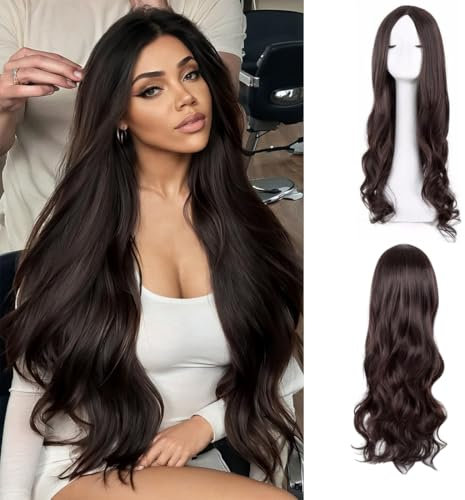 AOWVUTS Lange Gewellt Perücke Für Frauen Mädchen Natuaral Synthetisches Haar Hitzebeständig Perücke Charmante Lange Wellige Perücke Mittelscheitel Lang Lockig für Partys Cosplay Täglich