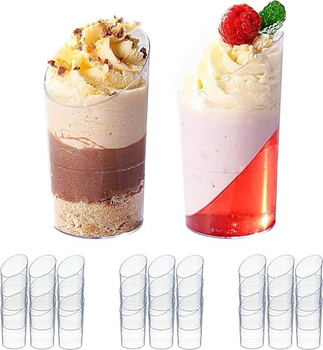MATANA 200 Mini Clear Hard Plastic Dessert Cups for Parties (Angled Round, 70ml) - Elegant & Reusable Individual Dessert Pots for Cheesecake, Jelly, Puddings, Mousse, Tiramisu, Trifles