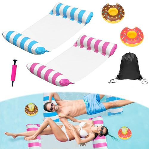 2 Stück Aufblasbares Schwimmbett, Aufblasbare Wasser Pool Luftmatratze mit 2 Aufblasbares Getränkehalter Eine Fahrradpumpe, 4-in-1- Tasche Wasserhängematte für See Strand Schwimmbad Wasserspaß