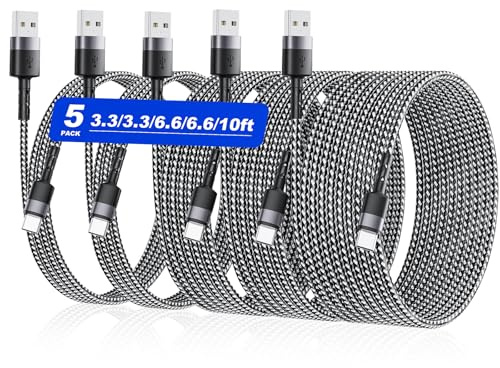 Lot de 5 câbles USB vers USB C [0,9/1,9/1,9/1,8/3 m], nylon tressé et transfert de données USB A vers type C, compatible avec Samsung Galaxy S25/S24/S23/S22/S21/S20, iPhone 16/15, Moto G, Pixel