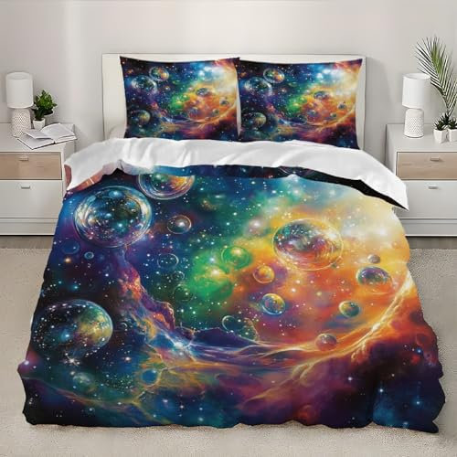 3D Bettwäsche-Set 135x200cm Fantasy-Universum-Blasen Bettbezüge 3 teilig für Erwachsene Kinder, Bunt Bettbezug Microfaser 4-Jahreszeiten Bettwäsche Mit Reißverschluss und 2 Kissenbezug