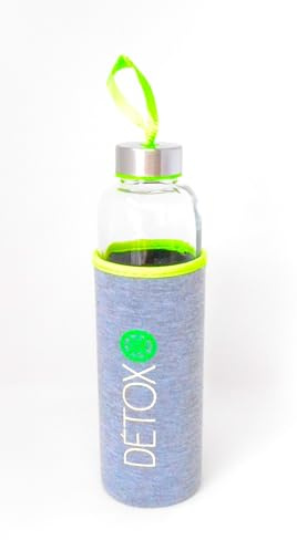 Detox-Glasflasche mit Thermohülle, 600 ml, Edelstahldeckel, Grau und Grün