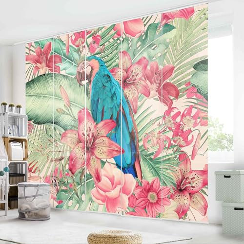 micasia Schiebegardine halbtransparent 60er Paneel Klett Tiere Textil lichtdurchlässig - Vögel Modern Flächenvorhang bunt Wohnzimmer Schlafzimmer 2276 (300x250 cm - 5er Set)