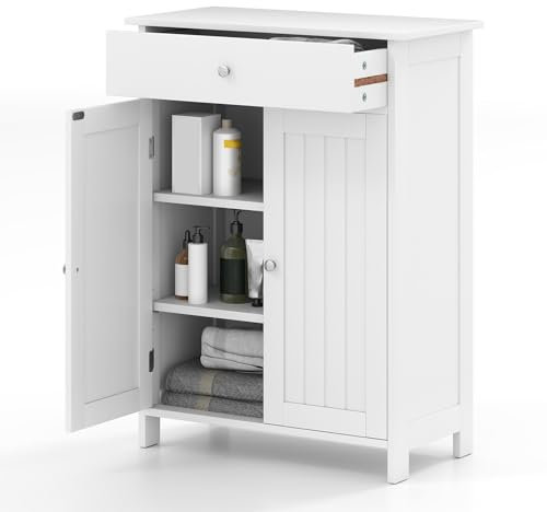 COSTWAY Badezimmerschrank mit Schublade & 2 Türen, Badschrank mit verstellbarem Regal, Badkommode freistehend aus Holz, Aufbewahrungsschrank für Bad, Wohnzimmer, 60 x 30 x 80cm (Weiß)