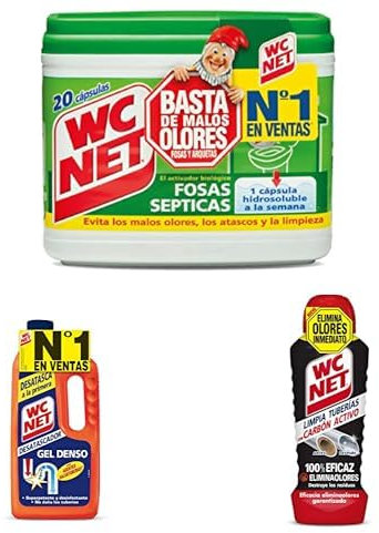 Wc Net Pack cuidado de tuberías. Incluye desatascador Energy 1L, Limpia tuberías 800 ml y 20 cápsulas de fosas sépticas elimina olores.