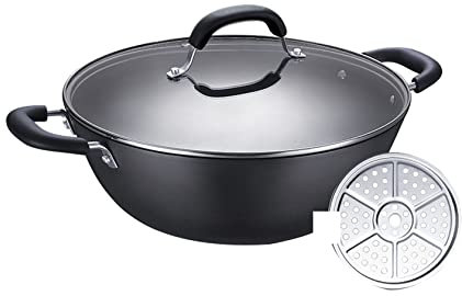 asdchZen Wok, Cast Iron Non-Stick Wok With Lid, Wok With Steam Rack, Wok Set, Frying Pan, 36 Cm / 14.2 Inches