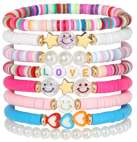 YALASOBA Colorful Smile Heart Star Bracelets Set - Y2K Kidcore Aesthetic - Polymer Clay Pearl Beaded Charm Stackable Jewelry for Women, Girls, Teens(Multi Color)