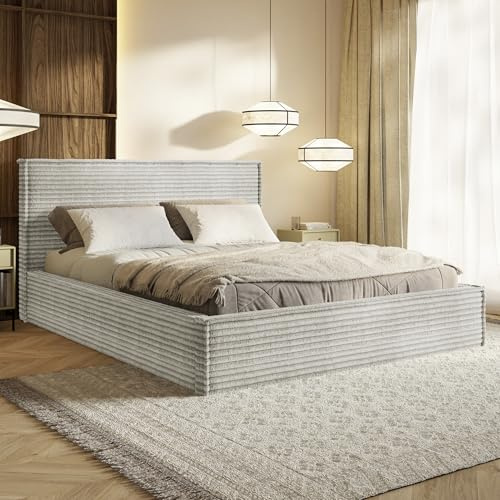 MOTIVENA Boho Bett 140x200 Grau Cord, mit Stauraum, mit Kopfteil, mit Lattenrost, ohne Füße, ohne Matratze, Polsterbett 140x200 mit Bettkasten Grau (Hellgrau)