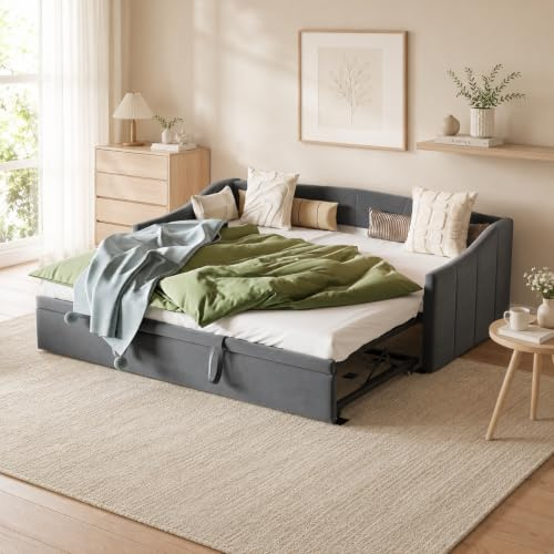 BRILVERDE Schlafsofa ausziehbar 90/180x200 cm,mit Lattenrost,Polsterbett mit Ausziehbett,Ausziehbar Zum Doppelbett,Samt (Grau-3)