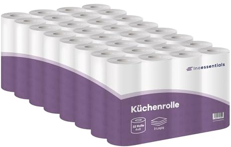 Inoverse Küchenrollen Großpackung 32 Rollen, 50 Blatt Küchentücher Papier | 100 % Zellstoff 3-lagig Küchenpapier, Haushaltsrollen aus Papier, saugstark, weich, große Abrisse für Küche Alltag Reinigung