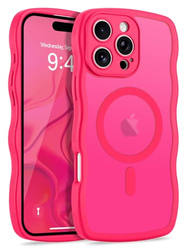 LCHULLE Magnetica per iPhone 16 Pro Max Cover Ondue Traslucida,Rosa Rossa | Compatibile con MagSafe,Cover Design a Forma Ondulata Arricciata,Custodia Traslucida Opaca,Curly Wave Frame Case