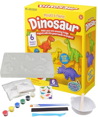 Electoys - Mould and Paint Dinosaur Craft Kit for Children Glow in The Dark Make and Decorate Dinosaur Fridge Magnets Creative Arts and Crafts Activity Set Includes 6 Colour Paints - 2 Pack