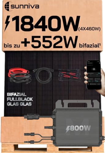 SUNNIVA® 1840W Balkonkraftwerk mit 800W Wechselrichter Marstek, BIFAZIAL FULLBLACK komplett Steckdose, PV Solaranlage Komplettset mit 5m Anschlusskabel und 4x2.5m Solarkabel, 4x 460W N-Type Glas-Glas