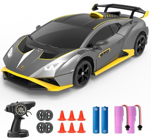 YONCHER RC Ferngesteuertes Auto Drift, Lamborghini Offiziell Lizenziert, 1:24 20KM/H 4WD RC Drift Car, RC Auto mit Leuchten, für ab 4,5,6,7,8 + Jahre Kinder und Erwachsene, Grau