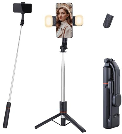 UTEBIT 116CM Trépied Telephone Portable Rétractable avec 2 Lumière, Perche a Selfie, Support de Téléphone avec Télécommande Détachable pour iPhone,Android,Gopro,Appareil Photo
