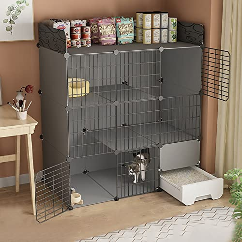 HYJYGM Katzenkäfig den Innenbereich, Katzenkäfige mit Katzentoilette, Katzengehege, Abnehmbarer 2/3-stufiger Kleintierkäfig aus Metall, Kätzchenkäfige, extra großer Platz für kleine Haustiere,