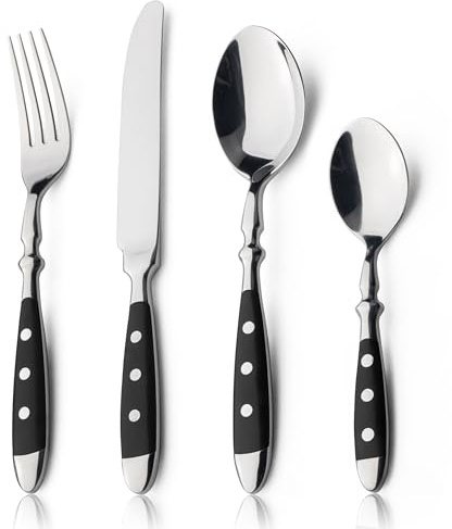 Alata Besteck Set für 6 Personen - Rustikales Tafelbesteck Set aus Edelstahl mit schwarzen Griffen - Geschmiedet und schwer- 24-teilig - Serie Berlin