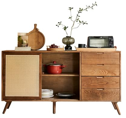 FAJNUZI2024 ​Dining Room Cupboard Household Rattan Sideboard Multifunctional Solid Wood Double Door Whole Bucket Cabinet
