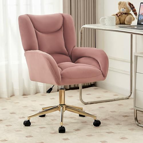XPSSJMU Full KD Chaise pivotante réglable en hauteur pour le bureau à domicile en intérieur avec pieds dorés Rose