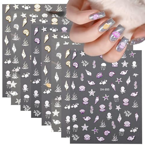 NICENEEDED 8Pcs Summer Nail Stickers for Nails Art, 3D Self Adhesive Beach Nail Decals, Summer Ocean Nails Art Stickers Decals Seahorse Starfish Art Stickers for Women
