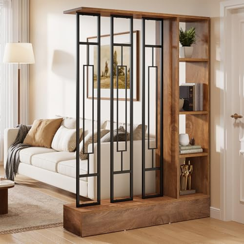 Tribesigns Wall Room Divider with Display Shelves, 70.9 Modern Freestanding Room Divider Screen with Sturdy Base, Wall Partition for Home & Office (Brown & Black, 47.2 W x 11.8 D x 70.9 H)