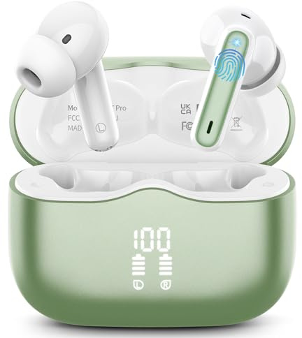 Kabellose Bluetooth Kopfhörer, in ear Kopfhörer Bluetooth 5.4 mit 4 ENC Noise Cancelling Mics, Tiefer Bass 40Std Spielzeit Kabellose Kopfhörer, IP7 Wasserdicht Sport Ohrhörer mit LED-Anzeige Gras Grün
