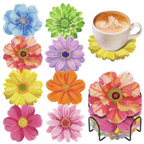 OkarinaArt 8 Stück Blumen Diamond Painting Untersetzer mit Halter | Diamant Painting Untersetzer Set mit Korkunterseite, Rutschfeste Acryl Tassenuntersetzer, Bastelset für Erwachsene & Kinder