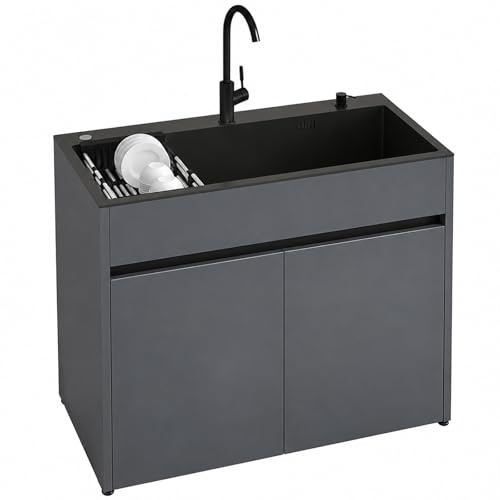 Lavello da Esterno Autoportante con Mobile 68/80cm, Corpo in Alluminio Alveolare con Miscelatore Caldo/Freddo, Scolapiatti Estensibile per Garage Giardino Officina