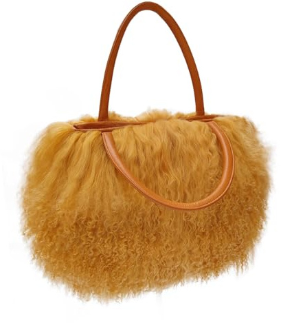 Finiluo luxuriöse Damen-Handtasche aus echtem Lammfell, mongolisches Wollfell mit Griffen aus echtem Leder.