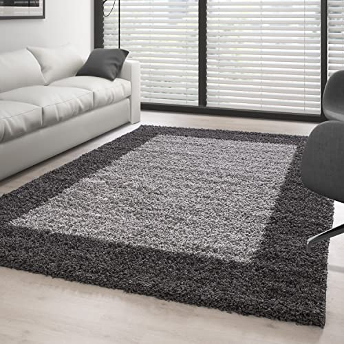 Carpettex Hochflor Teppich Wohnzimmer Shaggy Flokati Teppich Modern Bordüre Design 120 x 170 cm Grau - Teppich Schlafzimmer Weich Flauschig Waschbar Teppich Küche Esszimmer - Langflor Teppiche