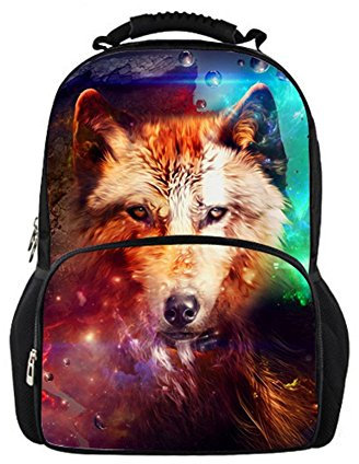 Showudesigns Colorful Wolf Mesh Male Shoulder Backpack with Water Bottle Holder