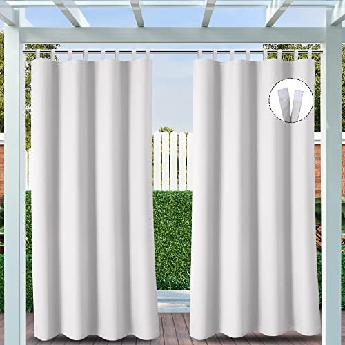 Clothink Outdoor Vorhänge Wasserfest Sonnenschutz Winddicht mit Klettband Oben für Terrasse Garten Balkon Familienhaushalte einfache Montage farbecht haltbar(132x215cm, 1 Stück, Grau-Weiß)
