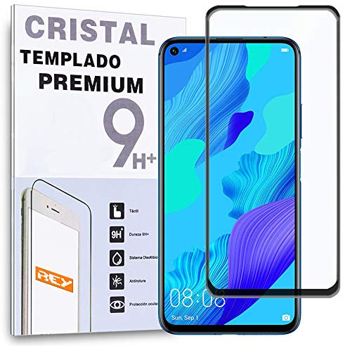 REY Protector de Pantalla Curvo para Huawei Nova 5T, Negro, Cristal Vidrio Templado Premium, 3D / 4D / 5D