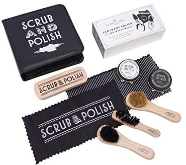 CGB Giftware | Men’s 8-Piece Shoe/Trainer Cleaning Kit | 4 Assorted Brushes | Black and Natural Colour Shoe Polish With 2 Cloths | 'Scrub and Polish' | Leather Shoe Care | Dapper Chap | GB05190