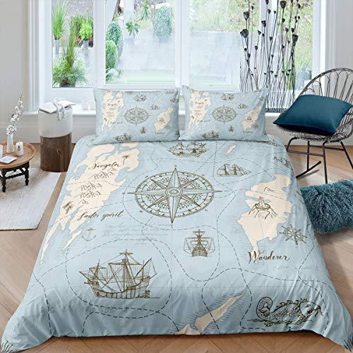 Loussiesd Vintage Nautisch Bettbezug Set 135x200 cm Kompass Weltkarte Seeabenteuer Bettw?sche Blau für Kinder Jungen Super weich Mikrofaser Betten Set Retro Boot Dekorativ Rei?Verschluss