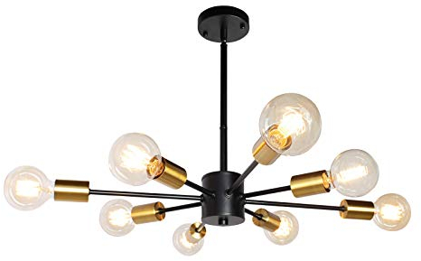 JHLBYL Metall Schwarz Gold Deckenleuchte, Moderne 8-Flammig Sputnik Kronleuchter E27, Industrielle schwarze Pendelleuchte für Wohnzimmer, Esszimmer, Schlafzimmer