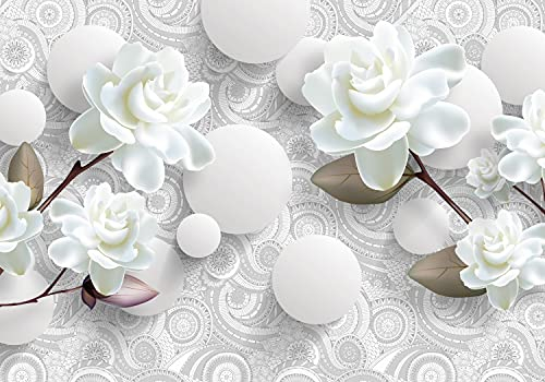 wandmotiv24 Fototapete Blumen 3D Optik Kreise weiß, XL 350 x 245 cm - 7 Teile, Wanddeko, Wandbild, Wandtapete, Rosen Rose Ornamente M6708