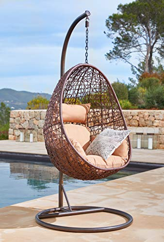 KIDEO® Hängesessel mit Gestell und Sitzkissen, Lounge-Möbel, Polyrattan, Swing Chair, Schwingsessel (braun/beige)