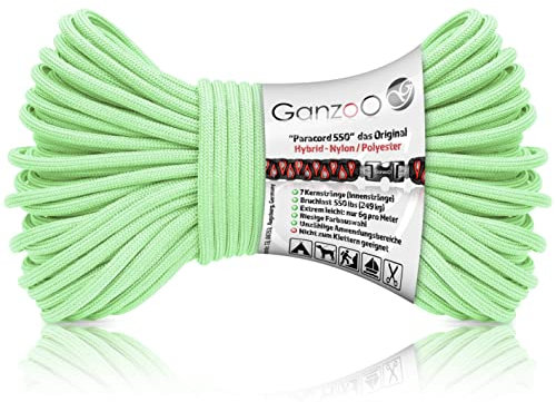 Ganzoo Paracord 550 Seil hell grün, 4mm, Typ 3, Nylon Polyester, Hybrid, Armband, Hunde-Leine, Hunde-Halsband knüpfen, ca. 250kg Bruchlast, Outdoor Rope, Camping Schnur, Allzweckseil, 30 Meter