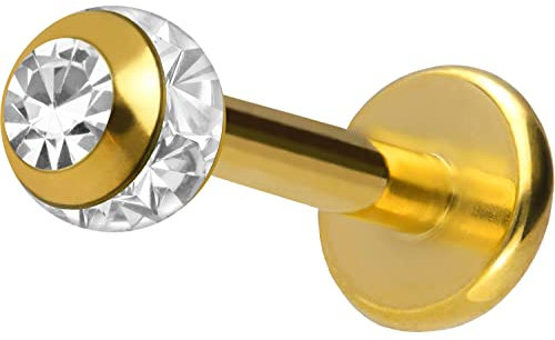 PIERCINGLINE Chirurgenstahl Labret Stecker EPOXY-RING-KUGEL + KRISTALL Piercing Lippe Ohr Nase Goldfarben 3 x 1,2 x 7 mm
