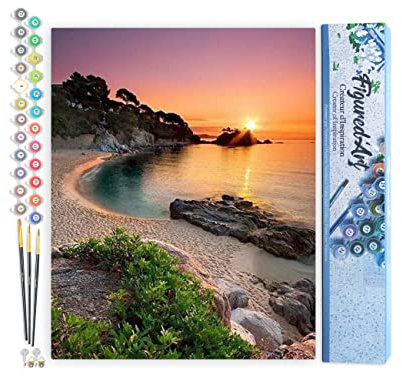 Figured'Art Malen Nach Zahlen Erwachsene Sonnenuntergang am Strand 2 - Paint by Numbers Basteln DIY Bastelset 40x50cm ohne Holzrahmen