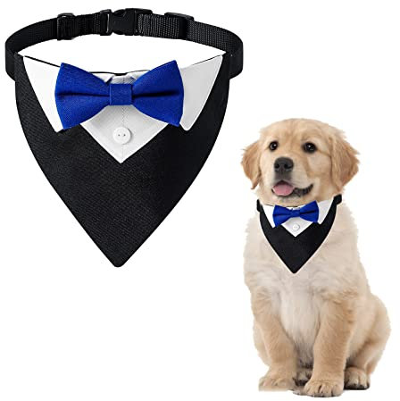 HACRAHO Formal Dog Smoking Bandana, 1 Packung Verstellbares Blau Hund Hochzeit Halsband mit Fliege und Halsband Hund Smoking Bandana mit Halsband für kleine, mittelgroße Hunde, M