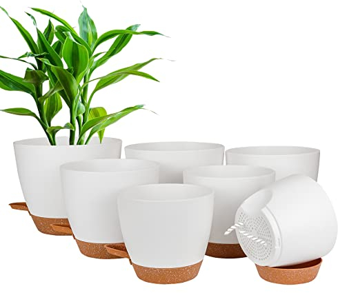 CSYY Plant Pots Indoor, 7Pack Plastic Plant Pots 20.3/19/17.7/16.5/15.2/14/12.7cm, Flower Pots Outdoor Self Watering Plant Pot with Drainage Holes Tray, Plastic Planter for Garden House Plants(White)