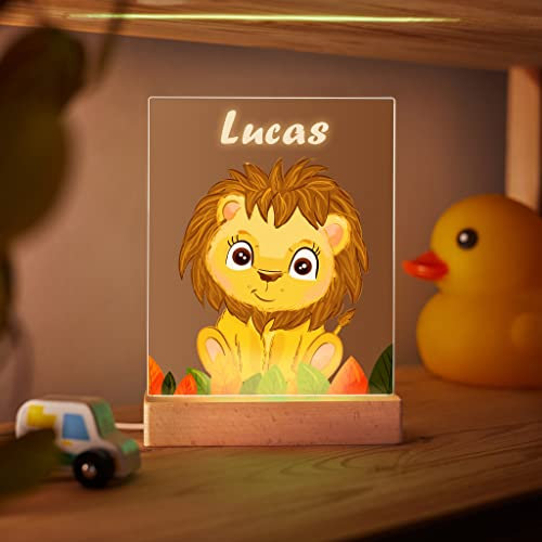 Transparent Gift Lámpara Infantil Personalizada con Nombre León. Luz Quitamiedos Infantil. Luz de Noche para Niños y Bebés. Lámparas Personalizadas de Metacrilato Luces LED. Regalo Bautizo Niño y Niña