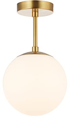 Happy Homewares Traditional and Sleek Opal Glass Globe IP44 Bathroom Ceiling Light in Brushed Gold | 24cm x 20cm | 60w Max | Also Suitable for Hallways Lounges Conservatories etc