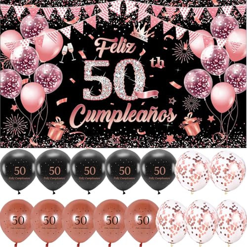 Decoración para Cumpleaños 50 en Español - Pancarta Feliz Cumpleaños, Photocall, Fondo Cartel con 15 Globos - Negro y Rosa