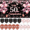 Decoración para Cumpleaños 50 en Español - Pancarta Feliz Cumpleaños, Photocall, Fondo Cartel con 15 Globos - Negro y Rosa